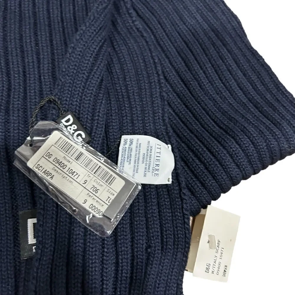 Dolce & Gabbana Vintage Navy Blue Lamb Wool Scarf with DG logo Revolve